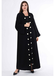 Moistreet Long Sleeve White Button Detail Coat Style Abaya, Small, Black