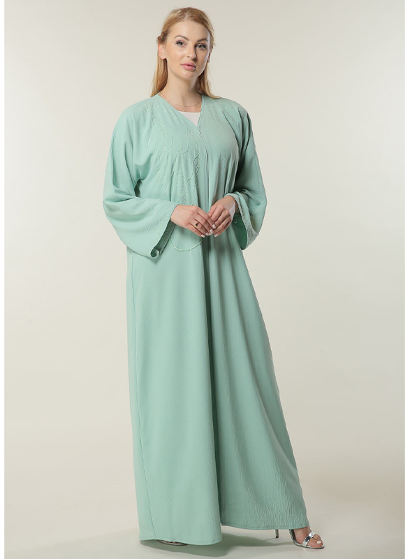 Moistreet Long Sleeve V-Neck Handwork Abaya, Extra Large, Sea Green