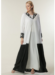 Moistreet Long Sleeve Hand Embroidery Abaya, Medium, Black/White