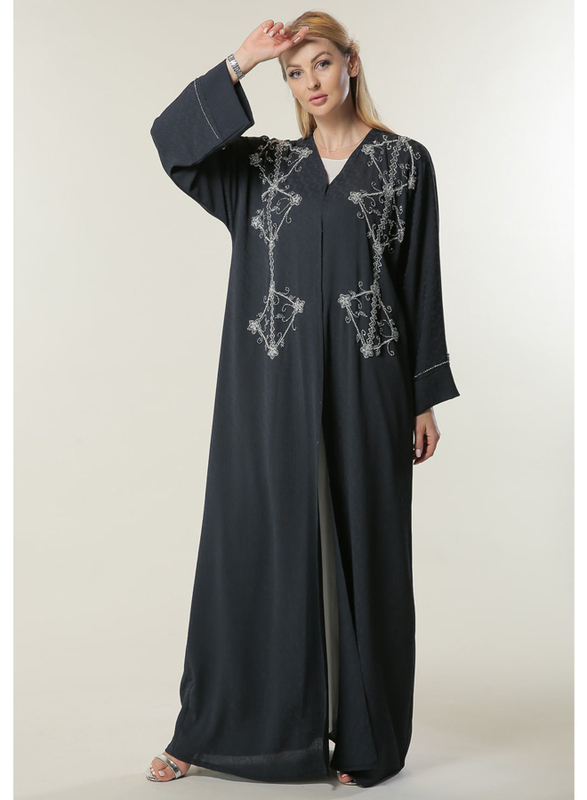 Moistreet Long Sleeve Silver Handwork Abaya, Extra Small, Navy
