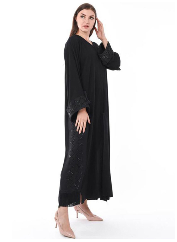 Moistreet Long Sleeve Hand Embroidery Exotic Abaya with Patchwork, Small, Black
