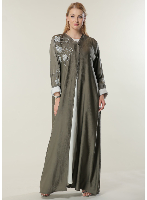 Moistreet Long Sleeve Embellished Handwork Elegant Abaya, Extra Large, Green