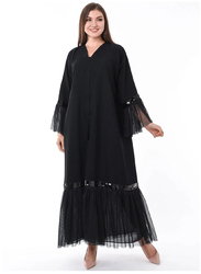 Moistreet Long Sleeve Mesh Hem Abaya, Double Extra Large, Black