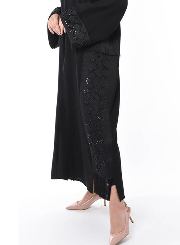 Moistreet Long Sleeve Hand Embroidery Exotic Abaya with Patchwork, Small, Black