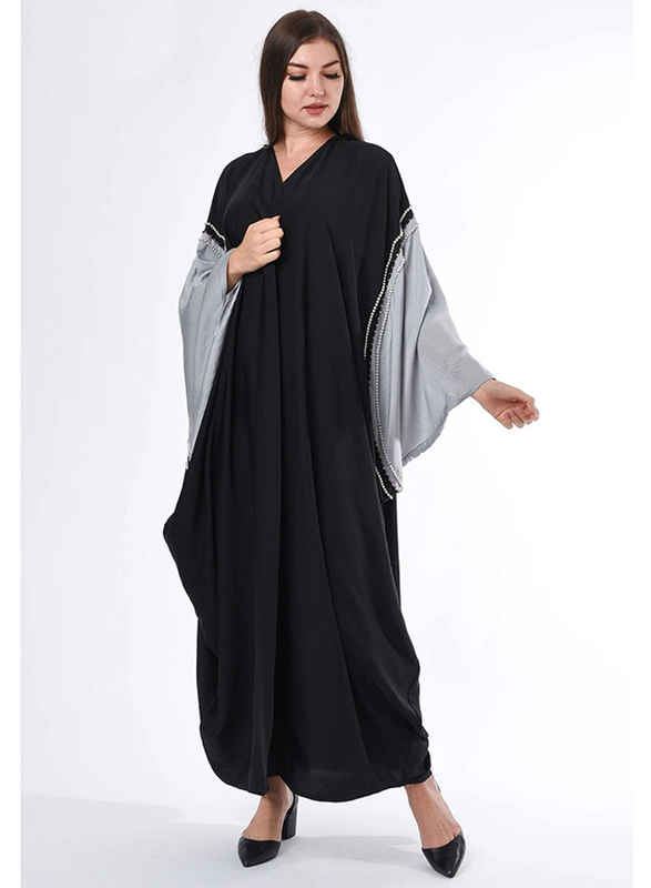 Moistreet Long Sleeve Bead Work on Hand Cape Abaya, Extra Small, Black/Grey