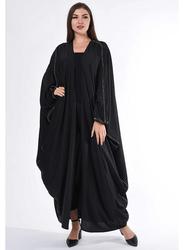 Moistreet Long Sleeve Flayered Cape Abaya with Hand Buck Stitch Details, Double Extra Large, Black