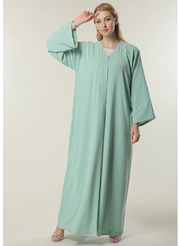 Moistreet Long Sleeve V-Neck Handwork Abaya, Extra Large, Sea Green