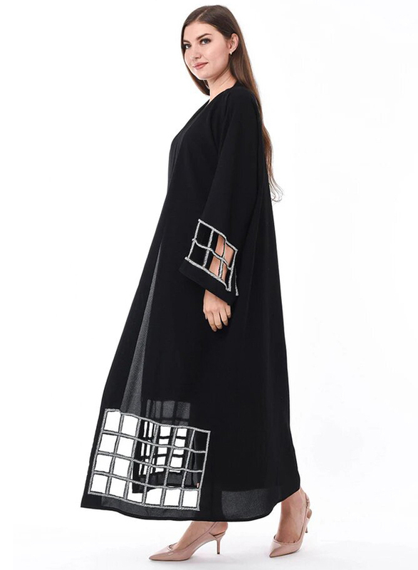 Moistreet Long Sleeve Hand Exotic Laser Cut Abaya with Hand Embroidery, Double Extra Large, Black/Silver