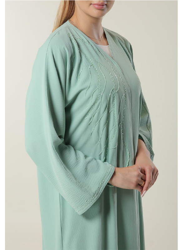 Moistreet Long Sleeve V-Neck Handwork Abaya, Extra Large, Sea Green