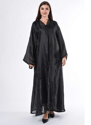 Moistreet Long Sleeve Feather Detail Abaya, Extra Small, Black