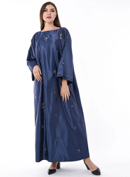 Moistreet Round Neck Long Sleeve Hand Embroidery Jalabiya, Double Extra Large, Navy