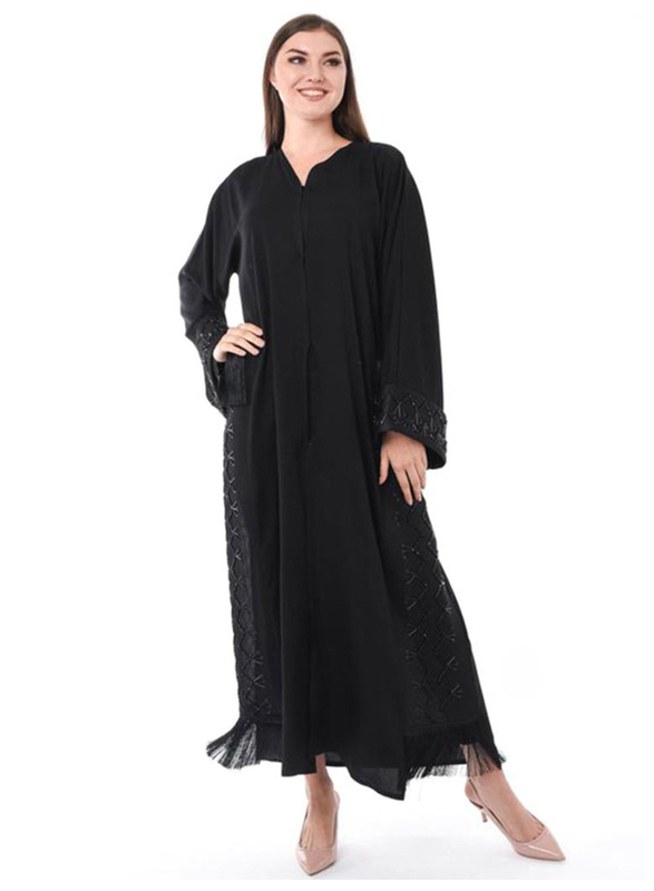 Moistreet Long Sleeve Hand Embroidery Exotic Abaya with Patchwork, Small, Black