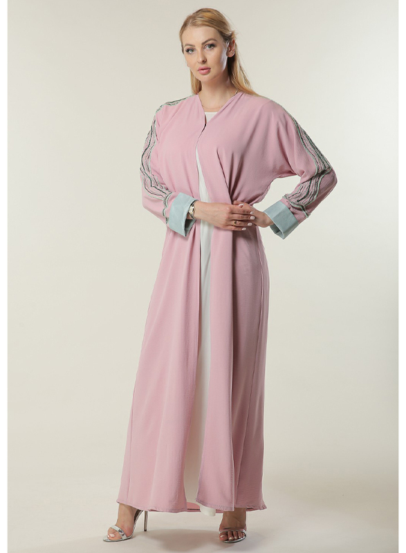 Moistreet Long Sleeve Hand Embroidered Details Abaya, Medium, Pink