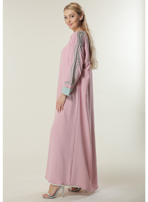 Moistreet Long Sleeve Hand Embroidered Details Abaya, Medium, Pink