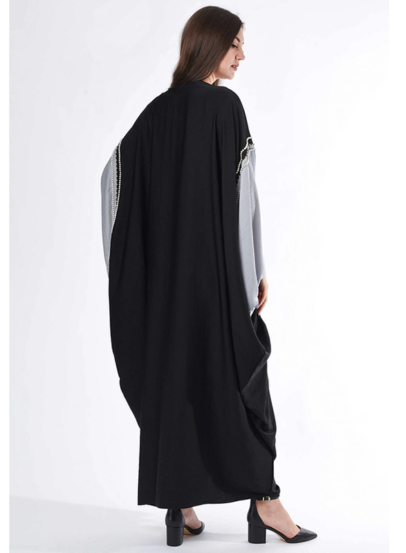 Moistreet Long Sleeve Bead Work on Hand Cape Abaya, Extra Small, Black/Grey