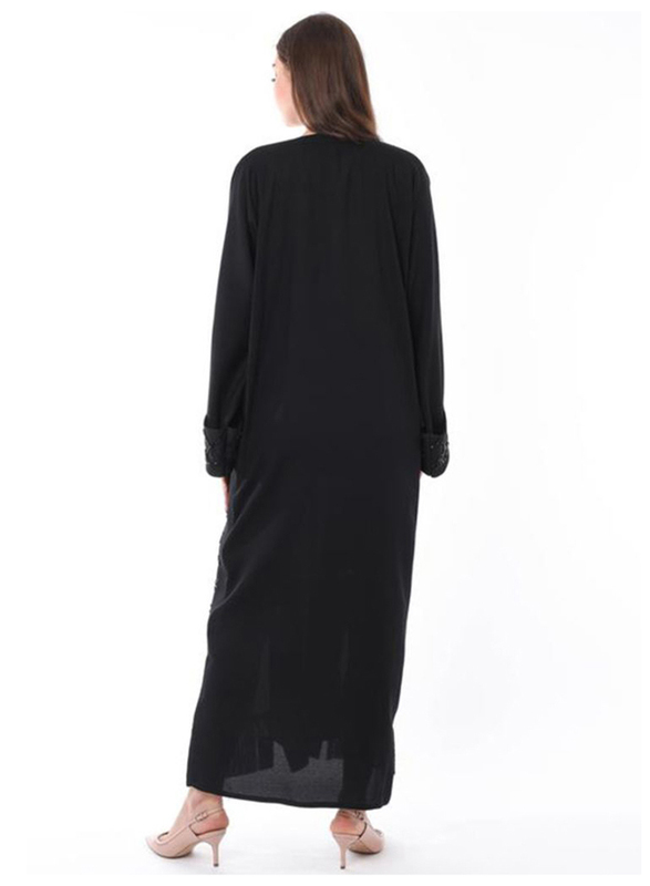 Moistreet Long Sleeve Hand Embroidery Exotic Abaya with Patchwork, Small, Black