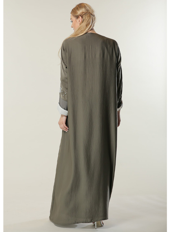Moistreet Long Sleeve Embellished Handwork Elegant Abaya, Extra Large, Green