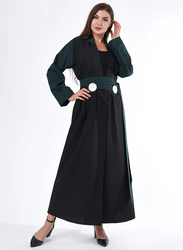 Moistreet Long Sleeve Coat Style Abaya, Extra Small, Black/Green