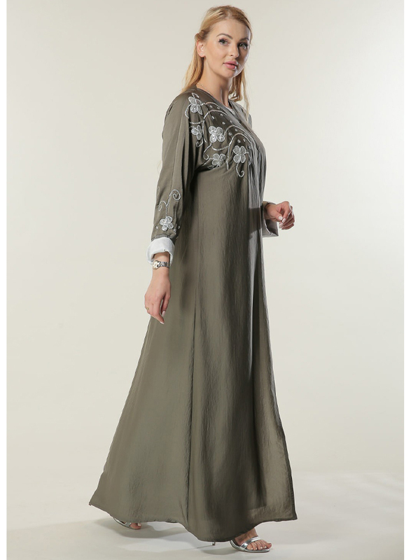 Moistreet Long Sleeve Embellished Handwork Elegant Abaya, Extra Large, Green