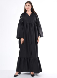 Moistreet Long Sleeve Hand Embroidery Hem Detailing Abaya, Large, Black