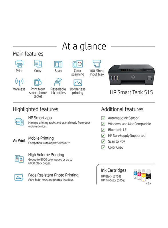 HP Smart Tank 515 Wireless 1TJ09A All-in-One Printer, Grey