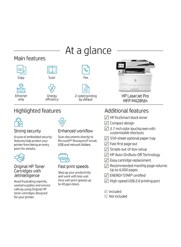 HP LaserJet Pro MFP M428FDN W1A29A All-in-One Printer, White