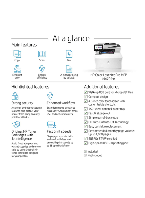 HP Color LaserJet Pro MFP M479FDN W1A79A All-in-One Printer, White