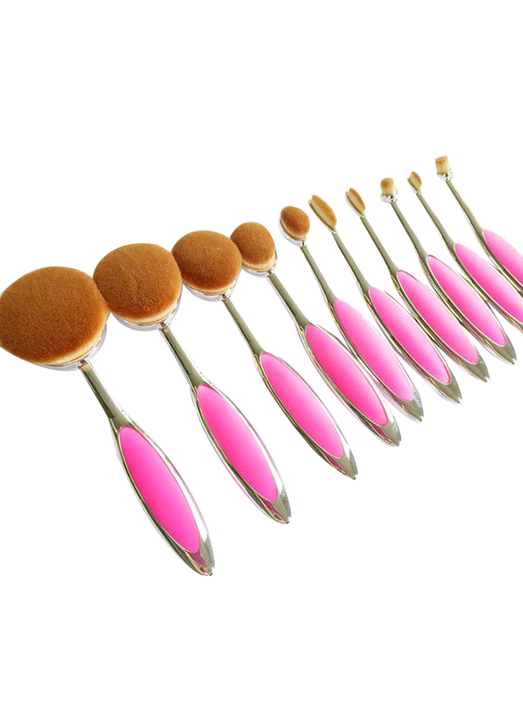Professional 10 Pieces Shiny Oval Synthetic Hair Makeup Brushes Set, Hot Pink