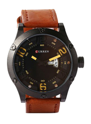 Curren Analog Leather Quartz Watch for Men, Water Resistant, Date & Day Display, Brown-Yellow, 8251