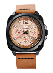 Curren Analog Leather Quartz Watch for Men, Water Resistant with Chronograph, Date Display, Brown-Rose Gold, 8260