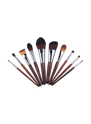 Professional 11 Pieces Wooden Handle Makeup Brushes Set, Brown