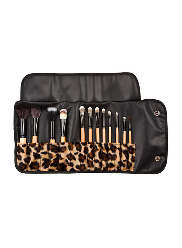 Professional 10 Pieces Wood Handle Makeup Brushes Gift Set with Faux Animal Print Carry Bag, Brown