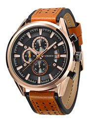 Curren Analog Leather Watch for Men, Water Resistant with Chronograph, Date Display, Brown-Rose Gold, 8290