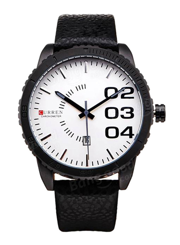 

Curren Analog Leather Watch for Men, Water Resistant with Date Display, Black-White, 8125