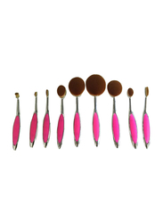 Professional 10 Pieces Shiny Oval Synthetic Hair Makeup Brushes Set, Hot Pink