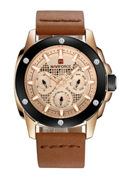 Naviforce Analog Leather Watch for Men, Water Resistant with Chronograph, Calendar Display, Brown-Rose Gold, 9116