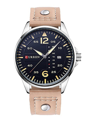 Curren Analog Leather Quartz Sports Wrist Watch for Men, Water Resistant, Beige-Black, 8224