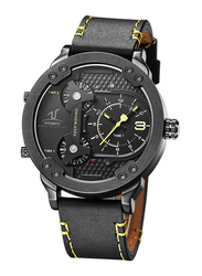 Weide Analog Leather Miyota Quartz Watch for Men, Water Resistant with Chronograph, 3 Time Zones, Black-Yellow, UV1506