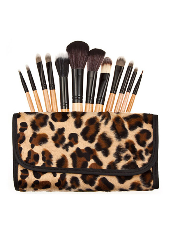 Professional 10 Pieces Wood Handle Makeup Brushes Gift Set with Faux Animal Print Carry Bag, Brown