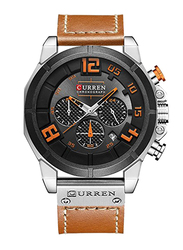 Curren Analog Leather Japanese Quartz Watch for Women, Water Resistant with Chronograph, Brown-Black/Orange, 8287