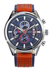 Curren Analog Leather Watch for Men, Water Resistant with Chronograph, Date Display, Brown-Blue, 8290