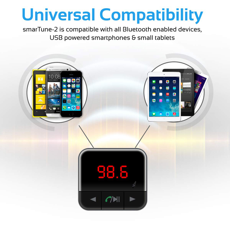 Promate SmarTune-2 Universal Wireless In-Car Bluetooth FM Transmitter for Smartphones/Tablet/MP3, Black