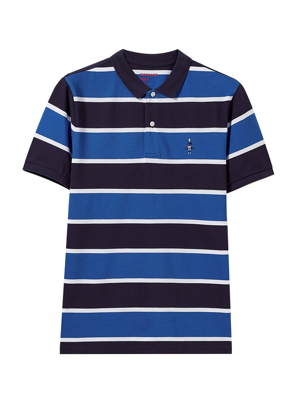 

Giordano Short Sleeve Classic Embroidery Horizontal Stripe Polo Shirt for Men, Small, Blue