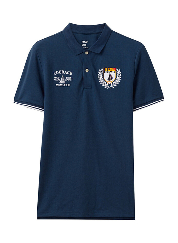 Giordano Napoleon Courage Embroidery Short Sleeve Polo Shirt for Men, Small, Navy Blue