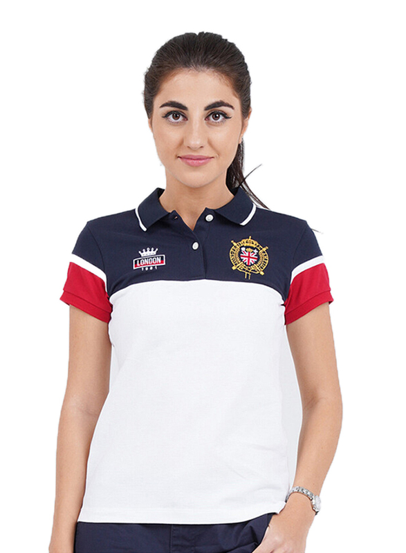 Giordano Short Sleeve Bold Embroidery Printed Polo Shirt for Women, Small, White/Red/Blue