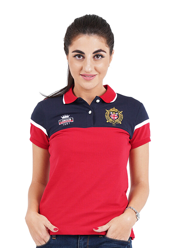 Giordano Short Sleeve Bold Embroidery Printed Polo Shirt for Women, Small, Red/Blue