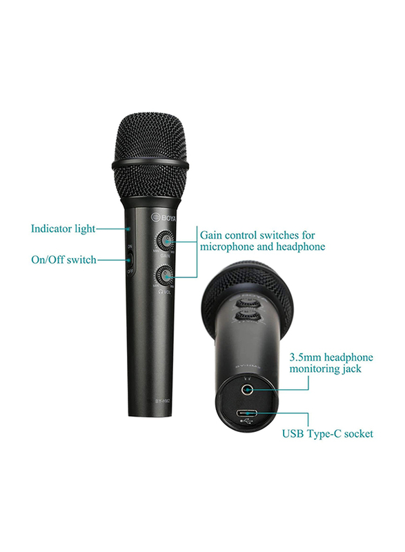 Boya by-HM2 Universal Digital Cardioid Handheld Microphone with Mini Tripod for iOS Devices/Type-c Devices/PC Windows/Tablet/Mac YouTube Video/Facebook Live/Vlogging, Black