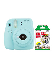 Fujifilm Instax Mini 9 Instant Camera, with 60mm f/12.7 Lens, with 10 Film Sheets Holiday Bundle, Ice Blue