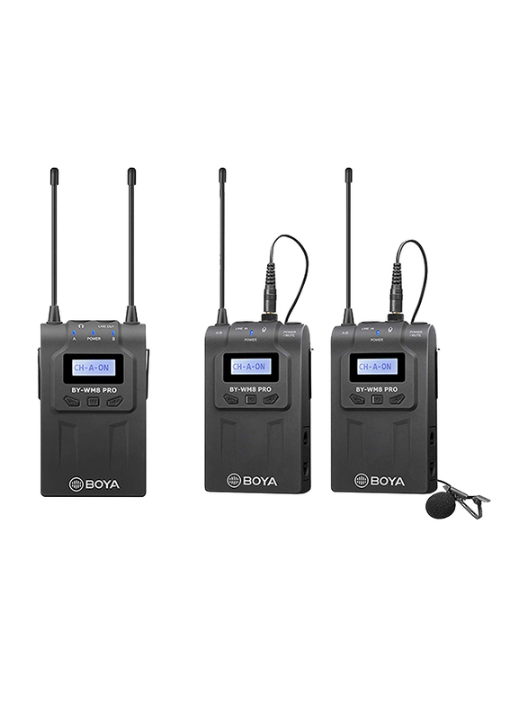 Boya BY-WM8 Pro-K2 UHF Dual-Channel Wireless Microphone System Receiver Transmitter A Transmitter B with LCD Display Screen for Canon/Nikon/Sony/DSLR Camera Camcorder, Black