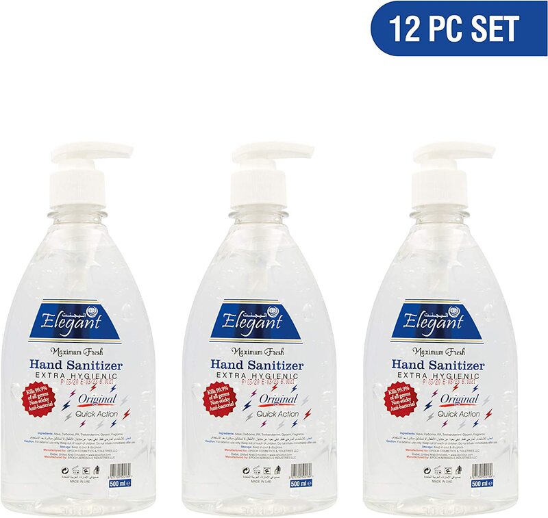 Elegant Hand Sanitizer Gel, 70% IPA Advanced Germ Protection Moisturizers & Vitamin E, 500ml x 12 Pieces
